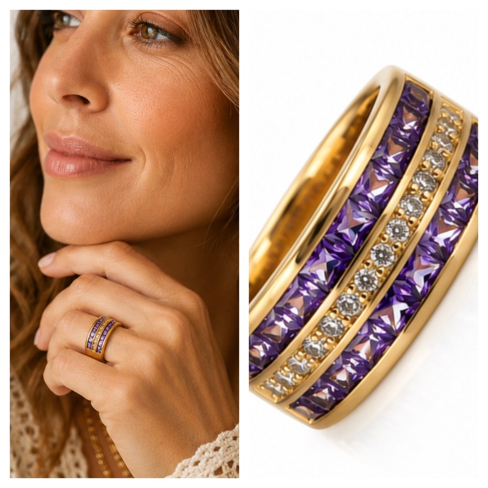 Bomb Party Gold Tone Purple Princess Cut Crystal Triple Row Band Ring Sz 10